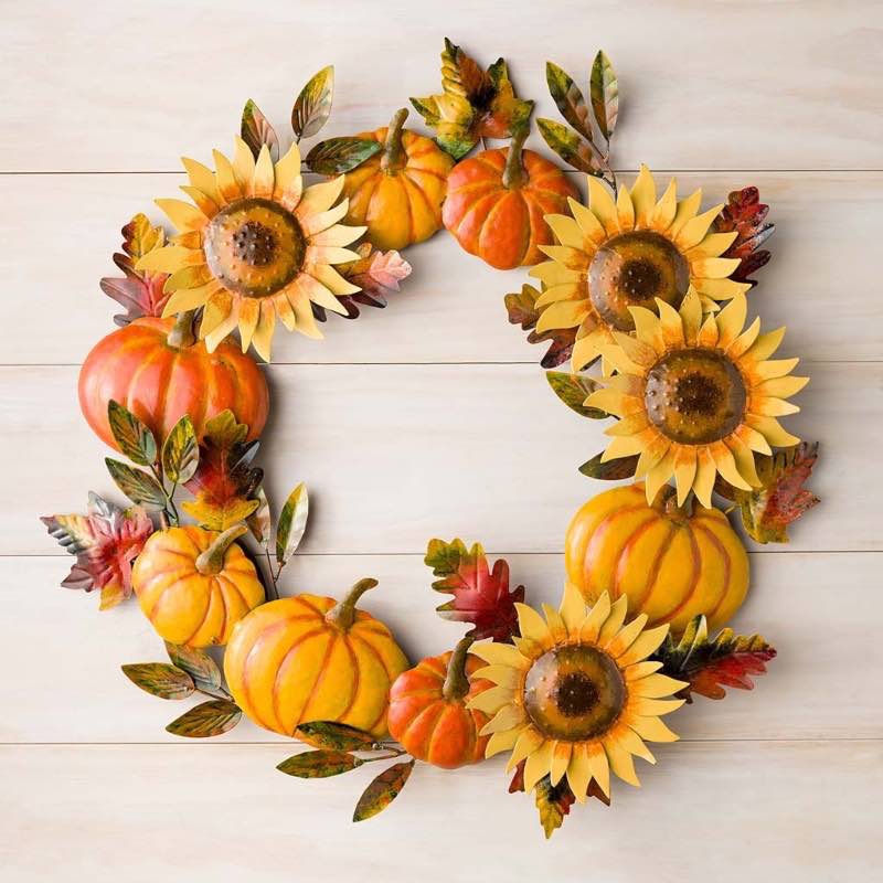 Handcrafted Metal Sunflower and Pumpkin Autumn Wreath