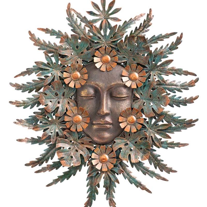 Handcrafted Forest Woman Face Surrounded by Metal Leaves and Flowers Wall Art