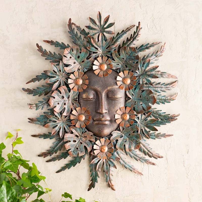 Handcrafted Forest Woman Face Surrounded by Metal Leaves and Flowers Wall Art