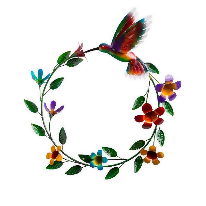 Handcrafted Metal Wreath of Flowers with Hummingbird