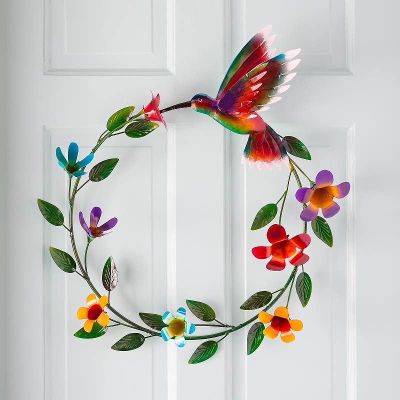 Handcrafted Metal Wreath of Flowers with Hummingbird