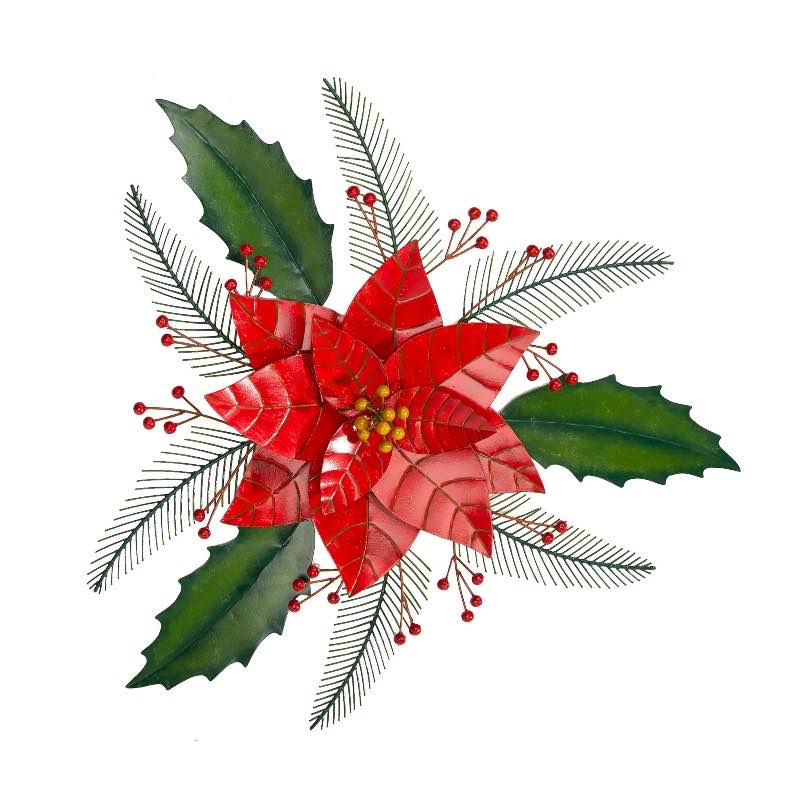 Handcrafted Indoor/Outdoor Metal Poinsettia and Holly Wall Art