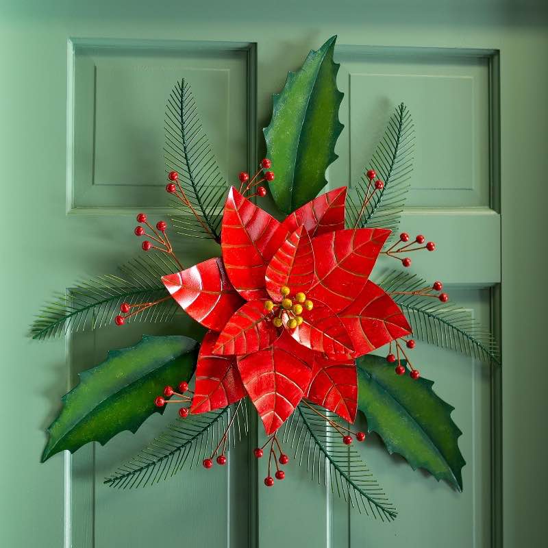 Handcrafted Indoor/Outdoor Metal Poinsettia and Holly Wall Art