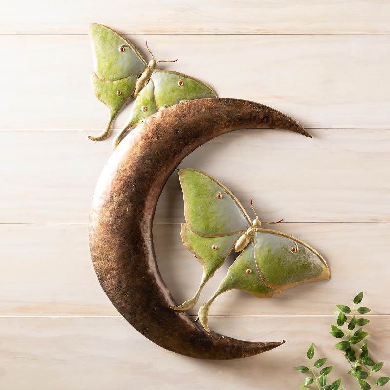 Handcrafted Metal Luna Moths and Crescent Moon Wall Art