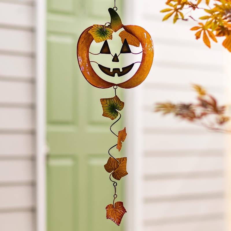 Smiling Pumpkin and Leaves Metal Wind Twirler