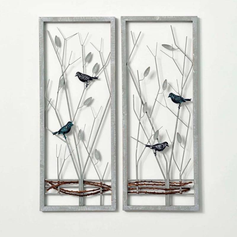 Birds on Branches in Window Metal and Wood Wall Art Panels, Set of 2