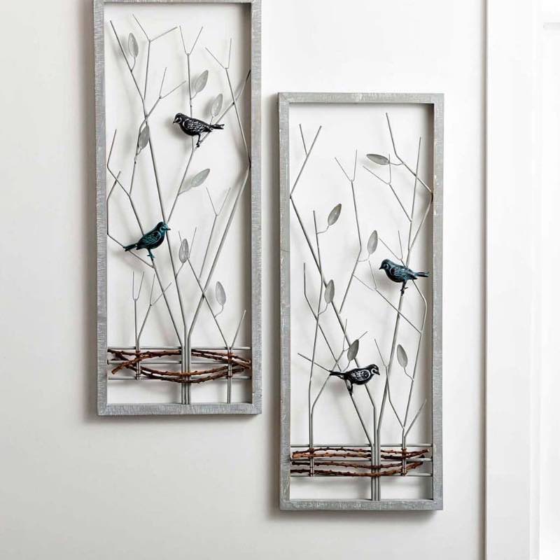 Birds on Branches in Window Metal and Wood Wall Art Panels, Set of 2