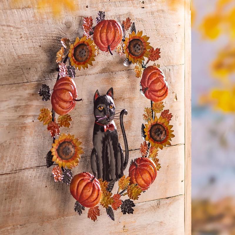 Metal Black Cat Harvest Wreath