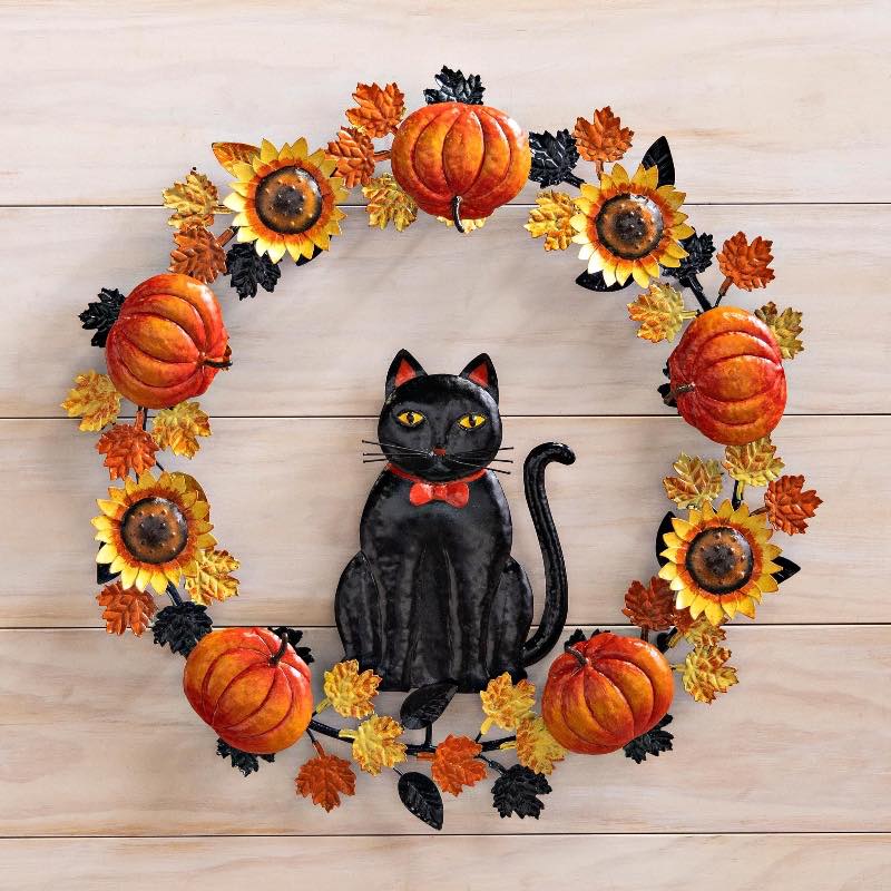 Metal Black Cat Harvest Wreath