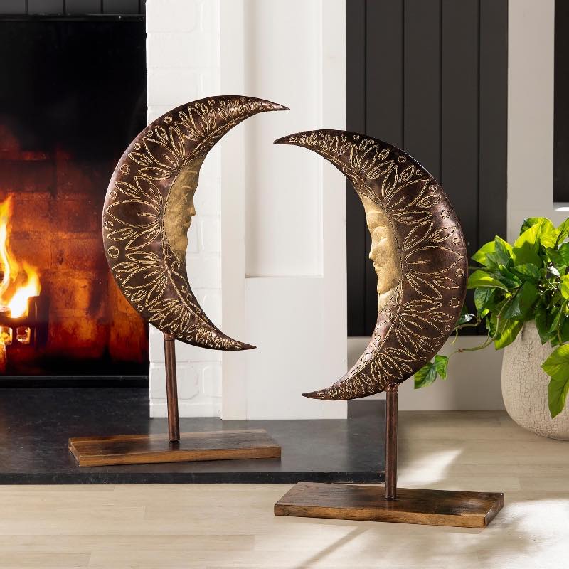 Metal and Wood Crescent Moon Art, Set of 2