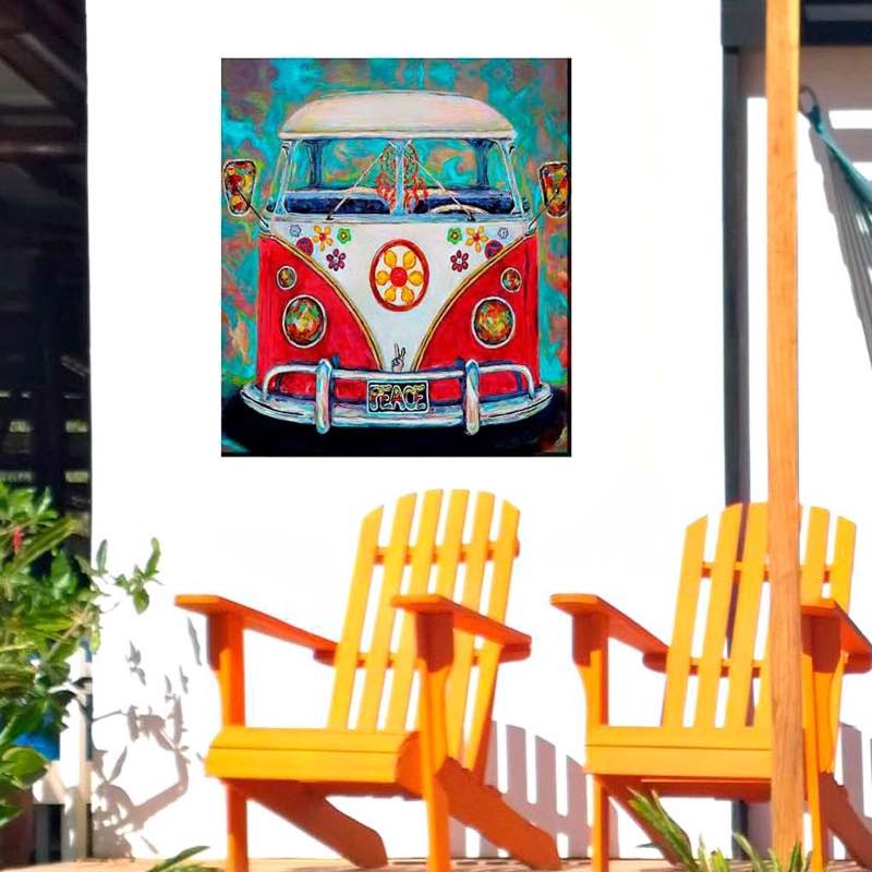 Indoor/Outdoor Flower Power Hippie Van Wall Art