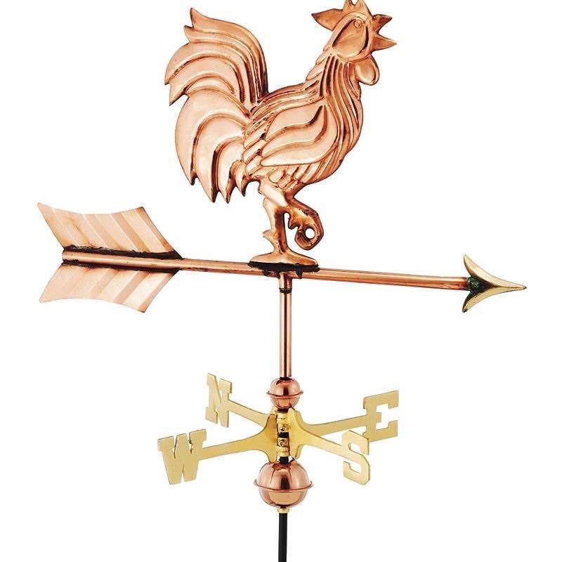 Handmade Rooster Weathervane With Roof Mount In Polished Copper