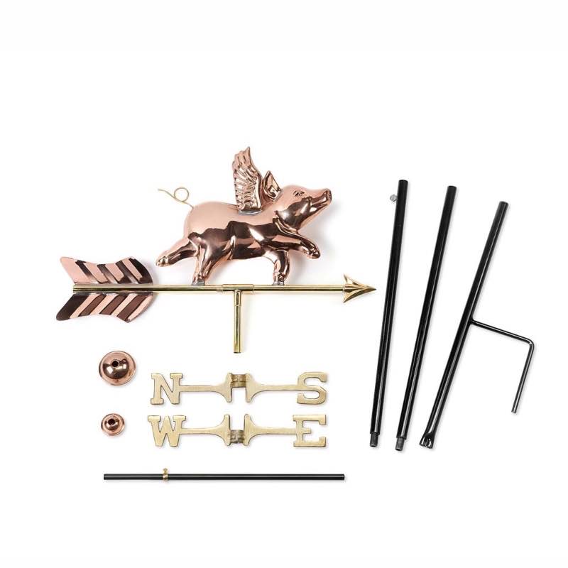 Copper Flying Pig Garden Weathervane with Pole