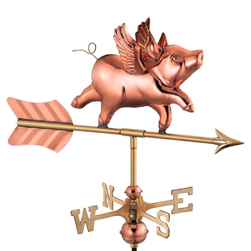 Copper Flying Pig Garden Weathervane with Pole