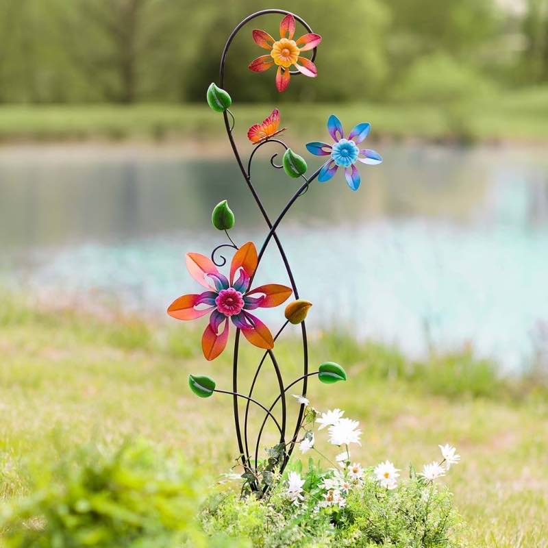 Colorful Spinning Flowers Garden Stake and Wind Spinner