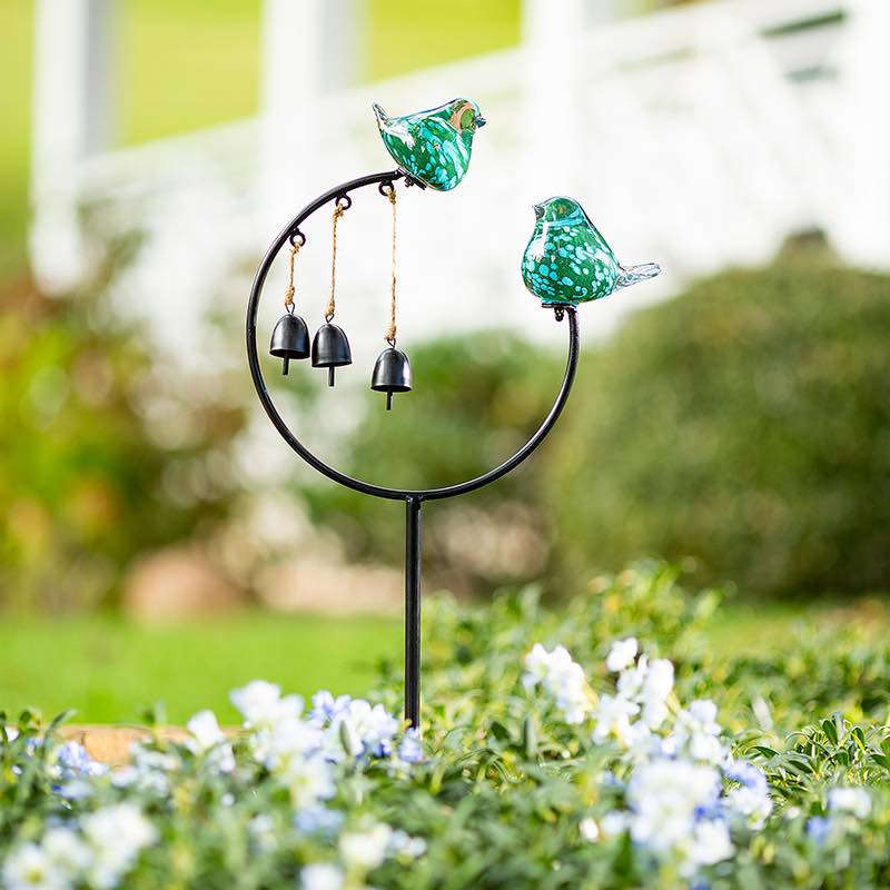 Metal Garden Stake with Two Blown-Glass Birds and Three Bells