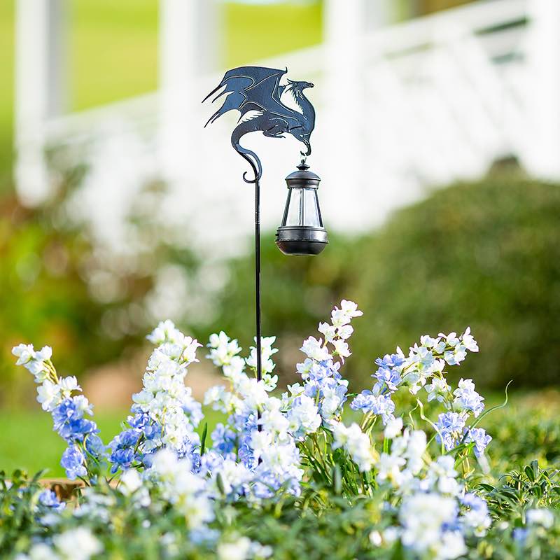 Metal Dragon Silhouette Garden Stake with Solar Lantern