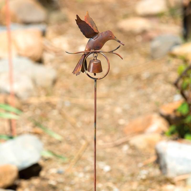 Flamed Copper Hummingbird Garden Stake with Bell