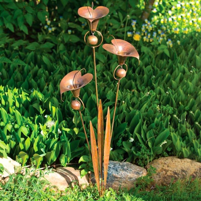 Flamed Copper Three Calla Lilies Garden Stake with Bells