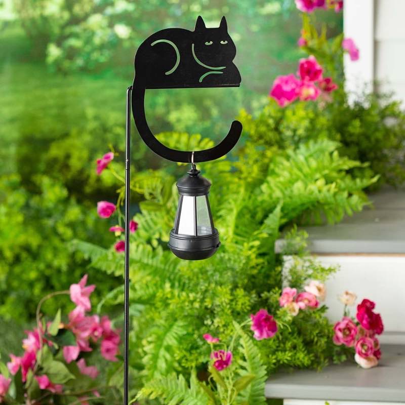 Metal Cat Silhouette Garden Stake with Solar Lantern