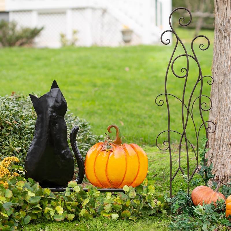 Metal Black Cat Silhouette and Pumpkin Garden Stake