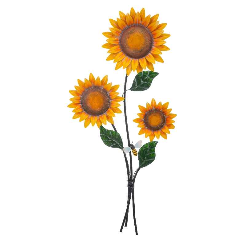 Handcrafted Metal Three Sunflower Garden Stake with Visiting Bee