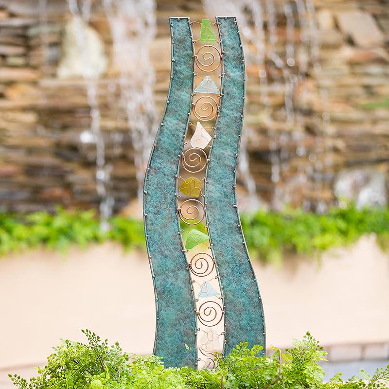 Handcrafted Wavy Metal and Glass Garden Sculpture