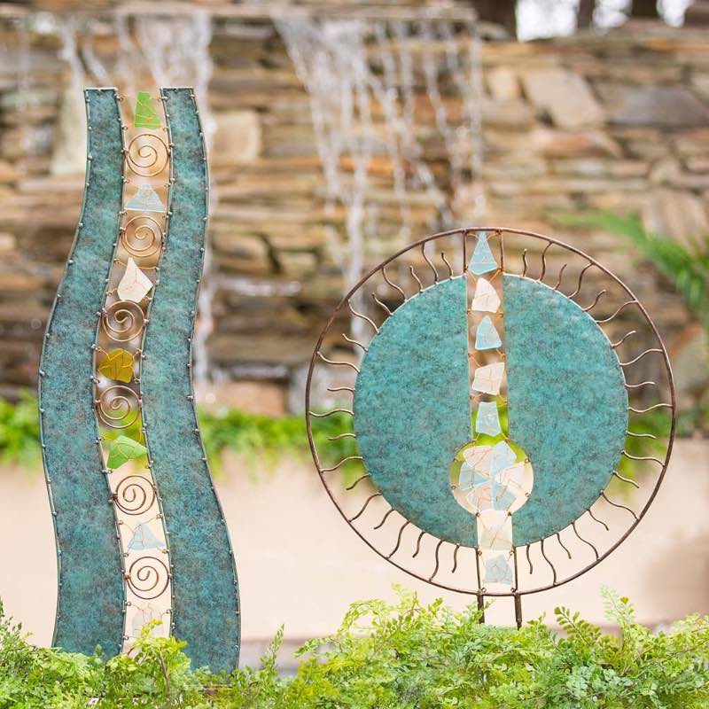 Handcrafted Round Metal and Glass Garden Sculpture