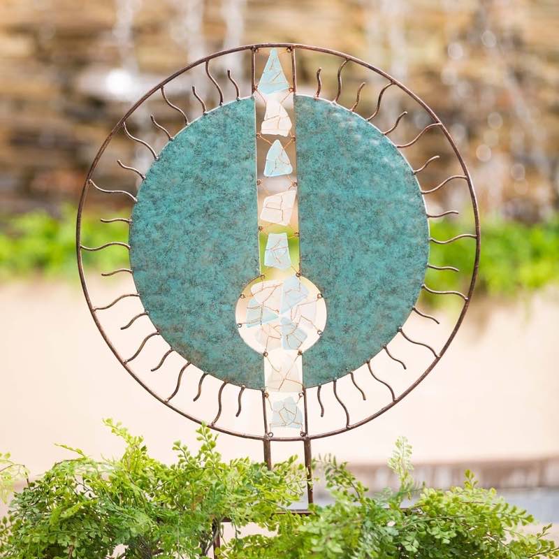 Handcrafted Round Metal and Glass Garden Sculpture