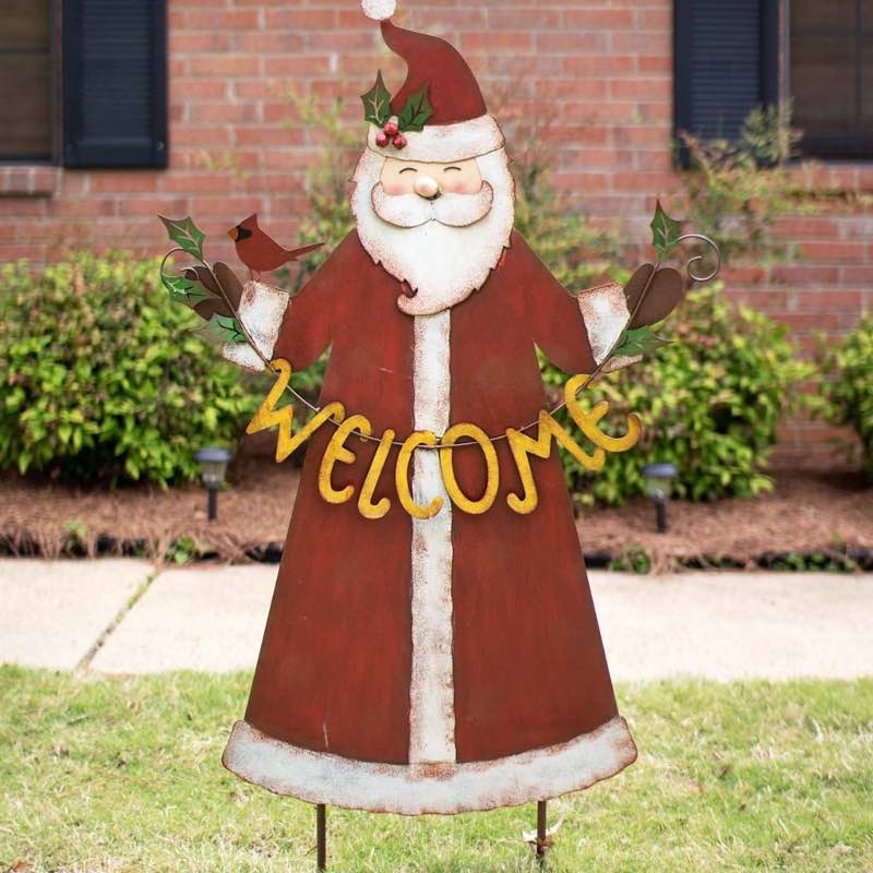 Metal Santa Garden Stake with Welcome Banner and Visiting Cardinal