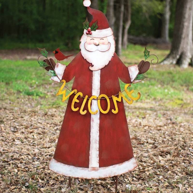 Metal Santa Garden Stake with Welcome Banner and Visiting Cardinal