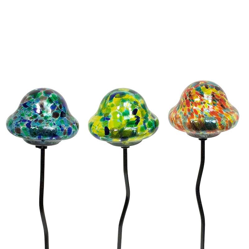 Solar Lighted Blown Glass Mushroom Garden Stakes, Set of 3