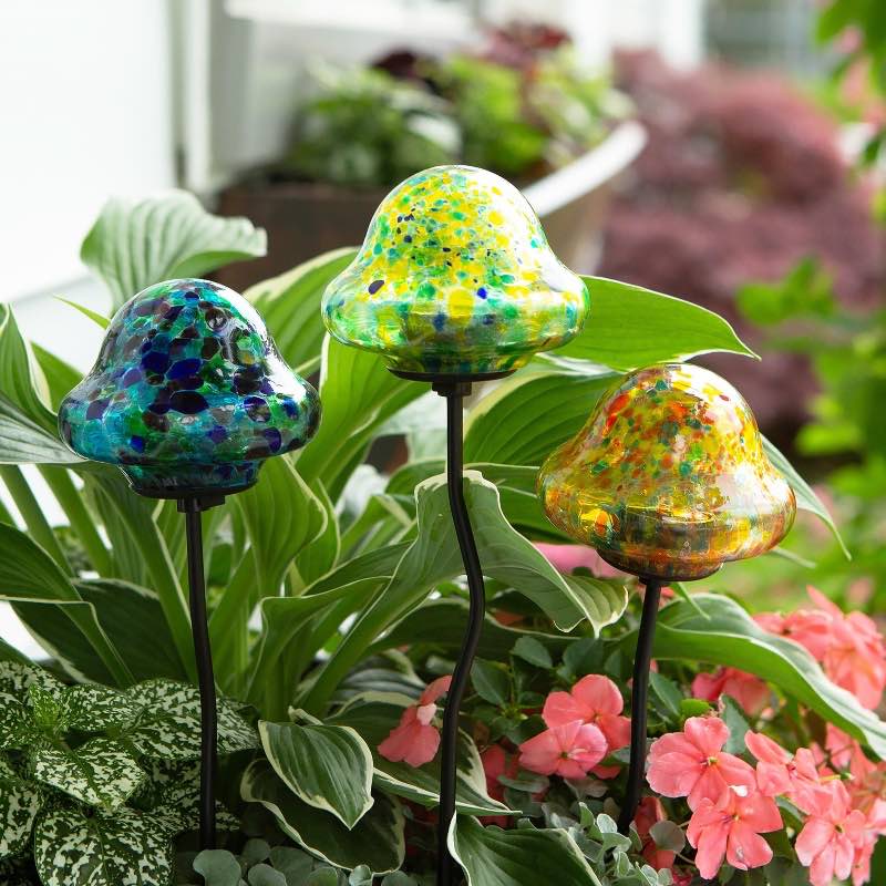 Solar Lighted Blown Glass Mushroom Garden Stakes, Set of 3