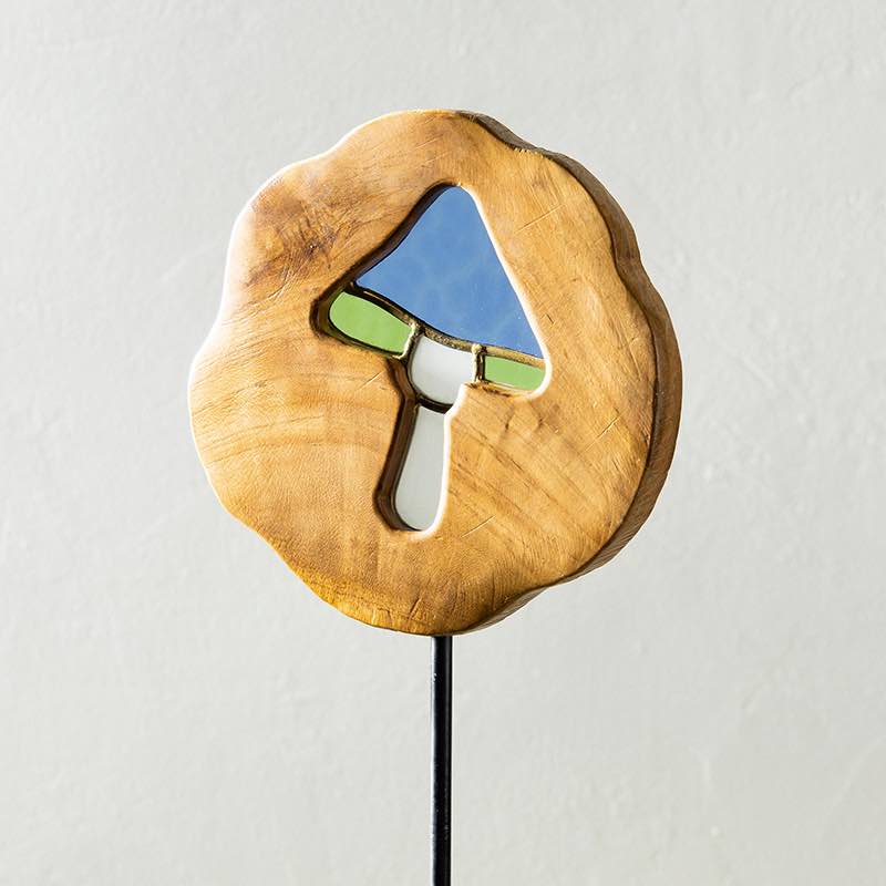 Hand-Carved Teakwood Stained Glass Mushroom Stake
