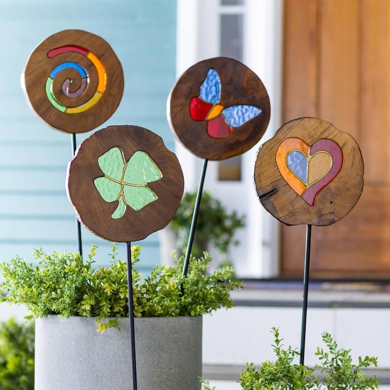 Teak Wood Stained Glass Butterfly Garden Stake