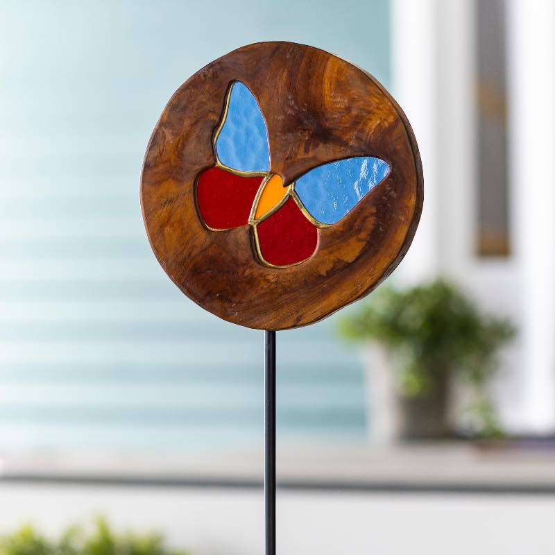 Teak Wood Stained Glass Butterfly Garden Stake