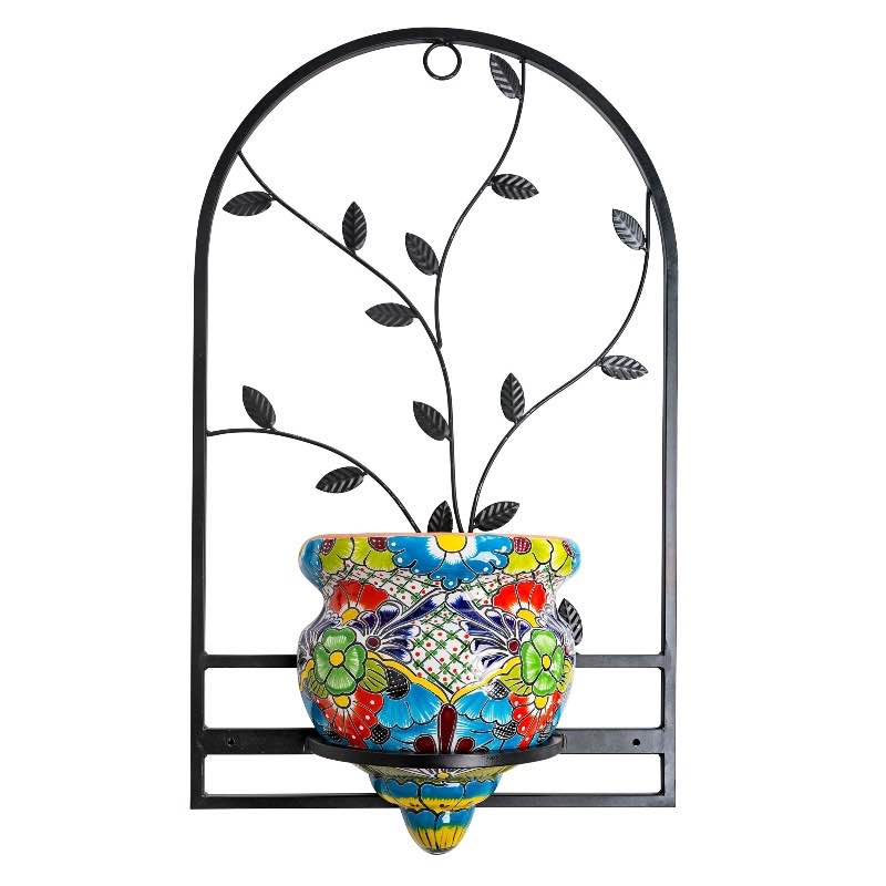 Handcrafted Talavera-Style Terra Cotta Flat-Backed Wall Planter with Wrought Iron Hanger