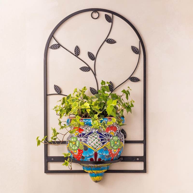 Handcrafted Talavera-Style Terra Cotta Flat-Backed Wall Planter with Wrought Iron Hanger