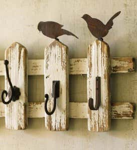 Wood Picket Fence Wall-Mount Coat Rack With Birds