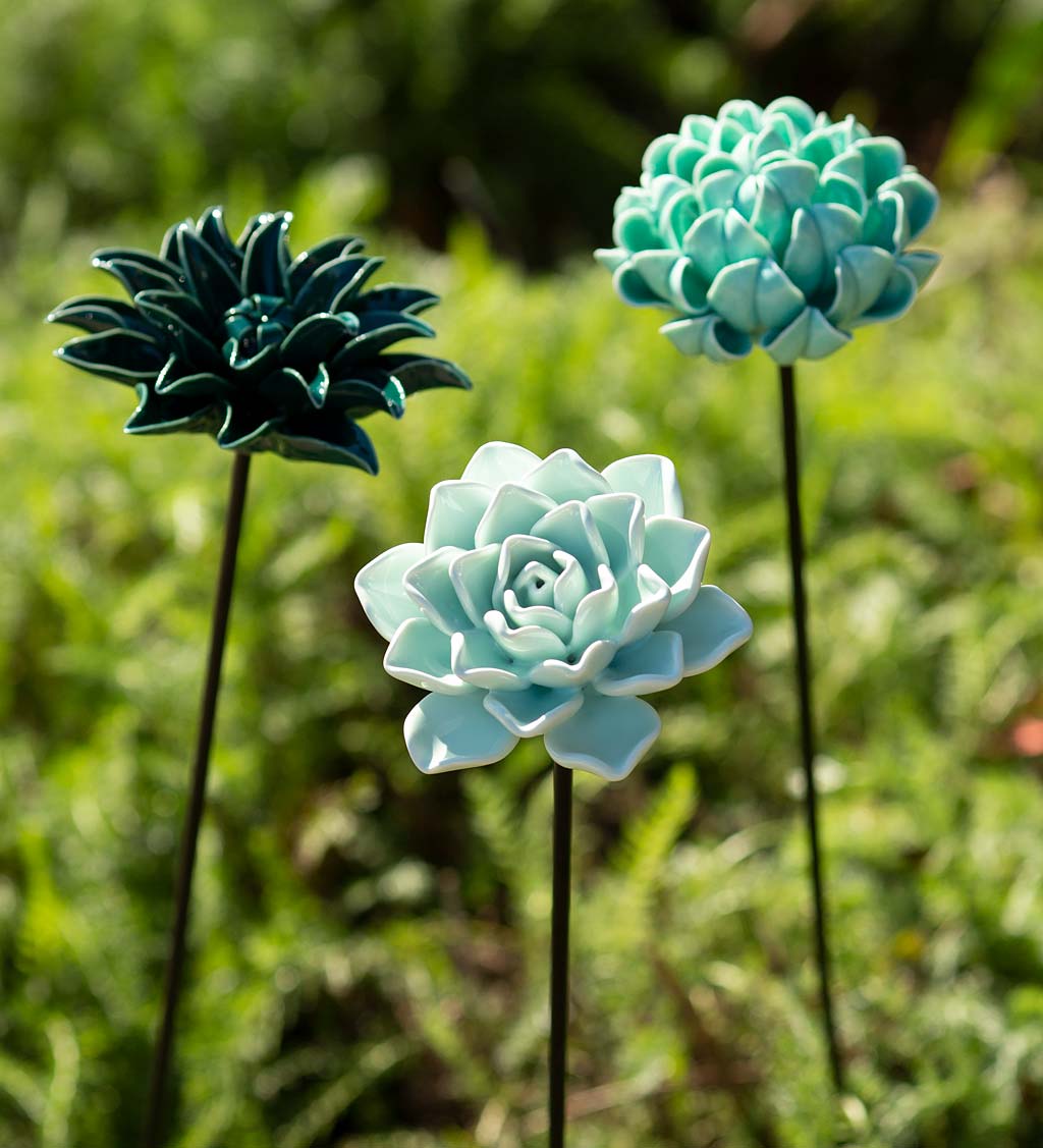 Cute Blue Ceramic Flower Bird Lovers Figurines Home Decor Garden