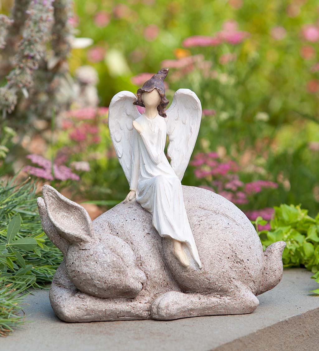 Angel Sitting on Sleeping Bunny Indoor/Outdoor Sculpture Wind and Weather