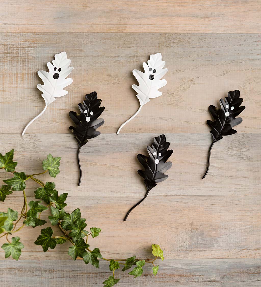 Handcrafted Black and White Metal Leaves with Ghost Faces, Set of 5 ...