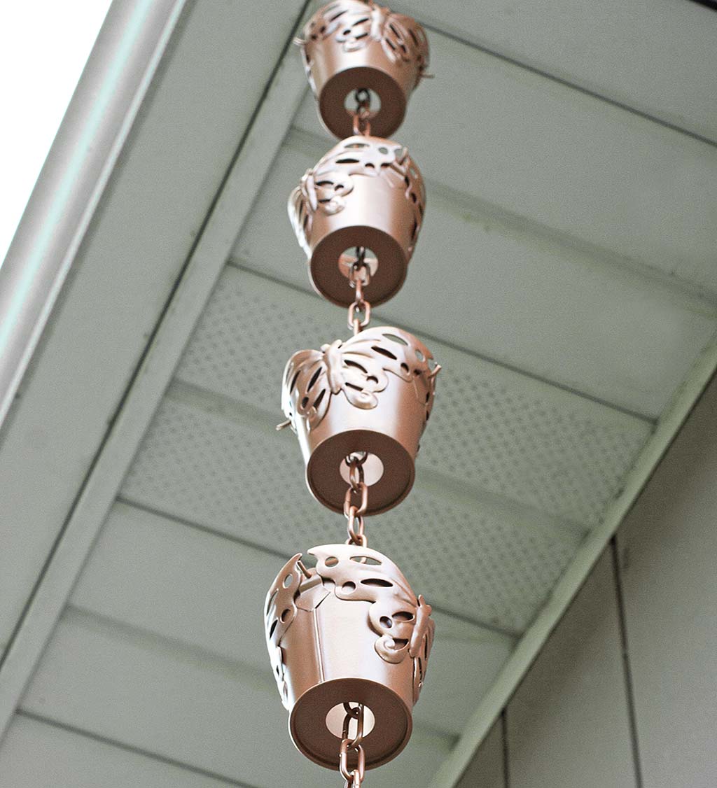 Metal Butterfly Cups Rain Chain with Solar-Powered LED Lights Wind and  Weather