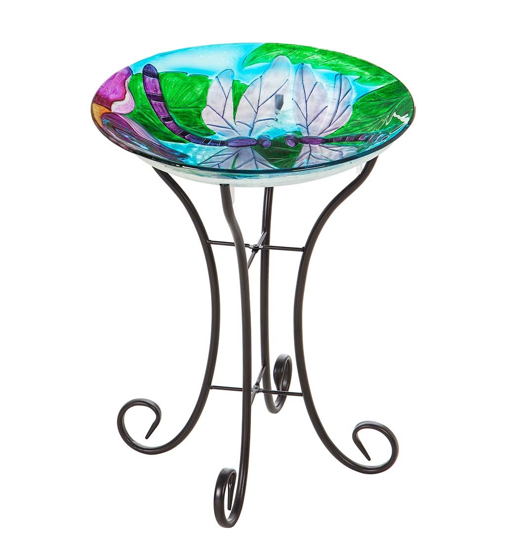 Dragonfly Duo Solar Hand-Painted Embossed Glass Bird Bath with Stand ...