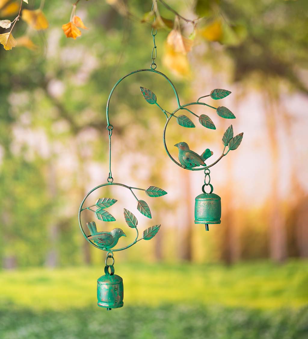 Metal Birds and Bells Wind Chime with Green Over Gold Patina-Like Finish  Wind and Weather