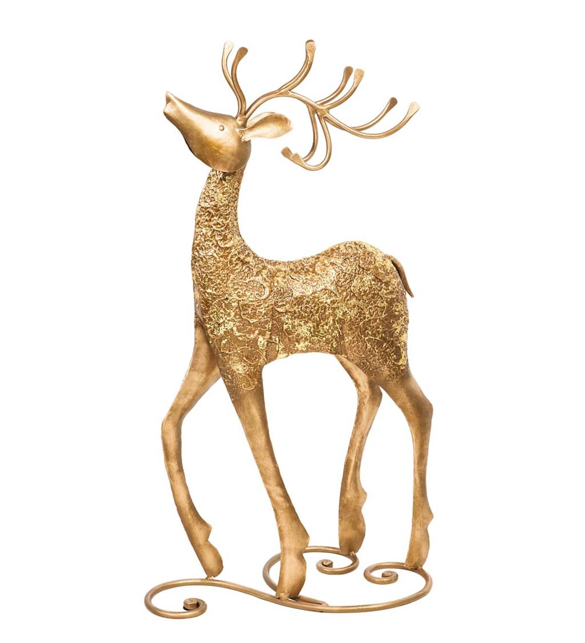 Gold Metal Detailed Reindeer Statuary | Wind and Weather
