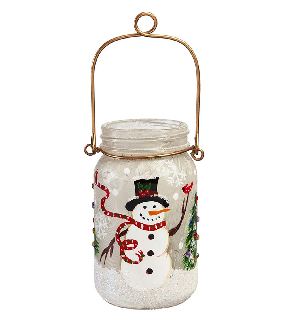Hand Painted LED Snowman and Cardinal Mason Jar Lantern | Wind and Weather