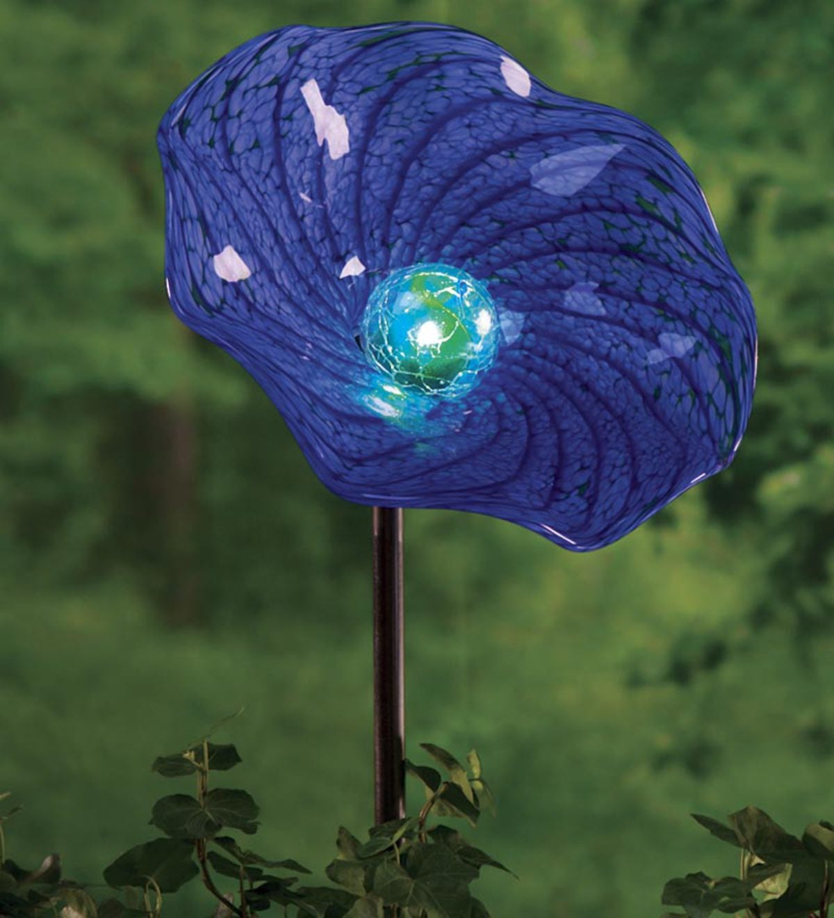 Solar Hand Blown Glass Flower Garden Stake Blue Wind And Weather