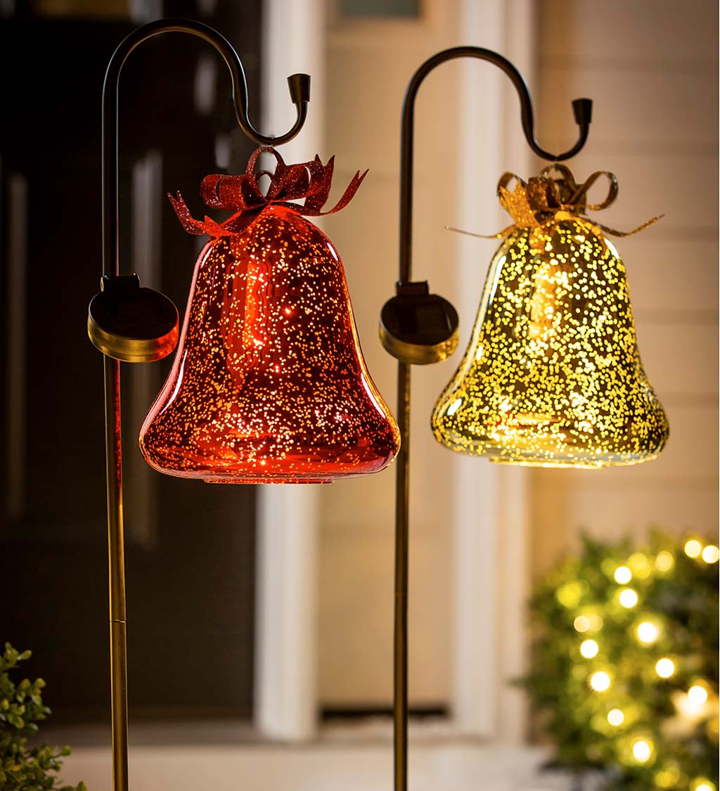 Solar Lighted Christmas Bell on Shepherd's Hook, Set of 2 - Red and ...