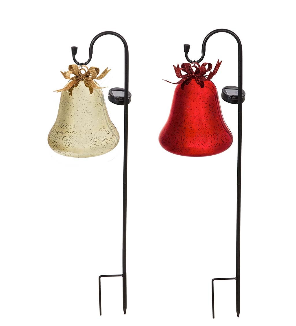 Solar Lighted Christmas Bell on Shepherd's Hook, Set of 2 - Red and ...